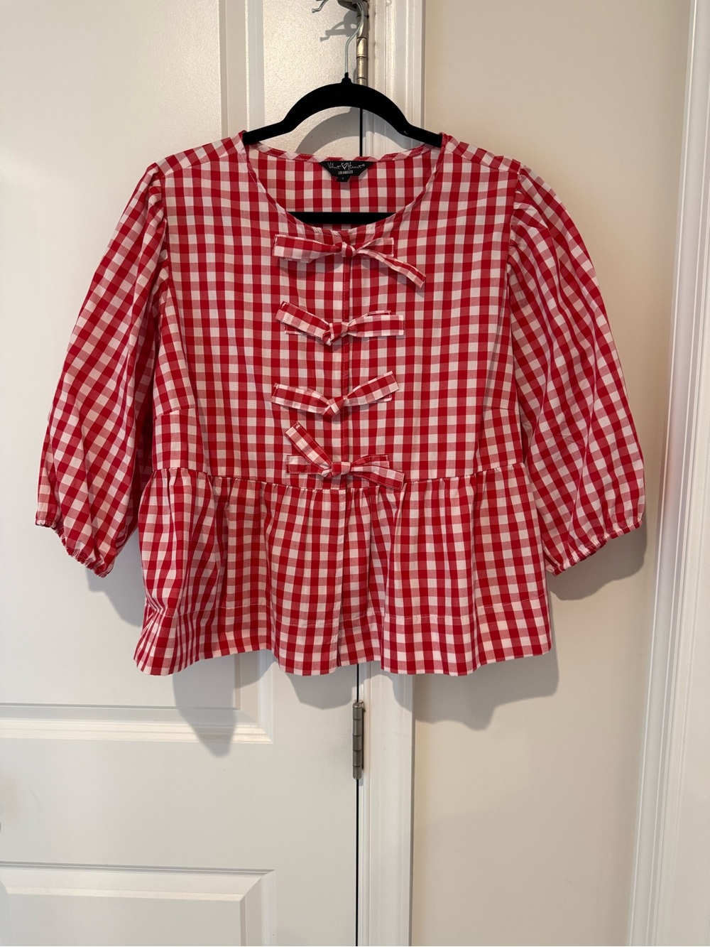 Velvet Heart Red and White Gingham Bow-Front Peplum Top